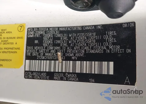 2007 Lexus Rx 350 from USA, damaged, VIN 2T2GK31U97C014843